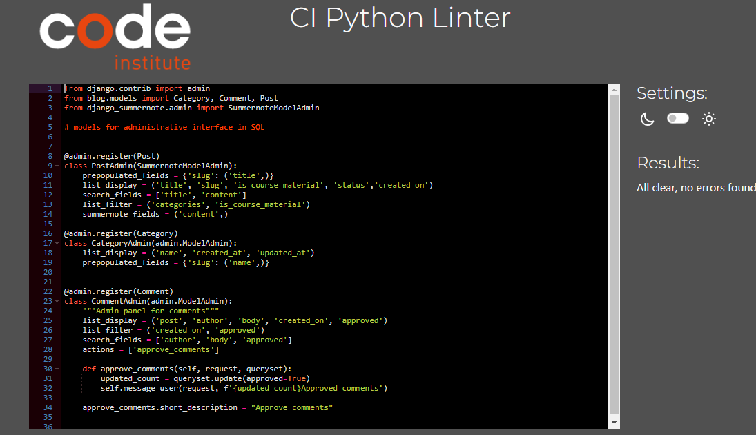 Screenshot of admin